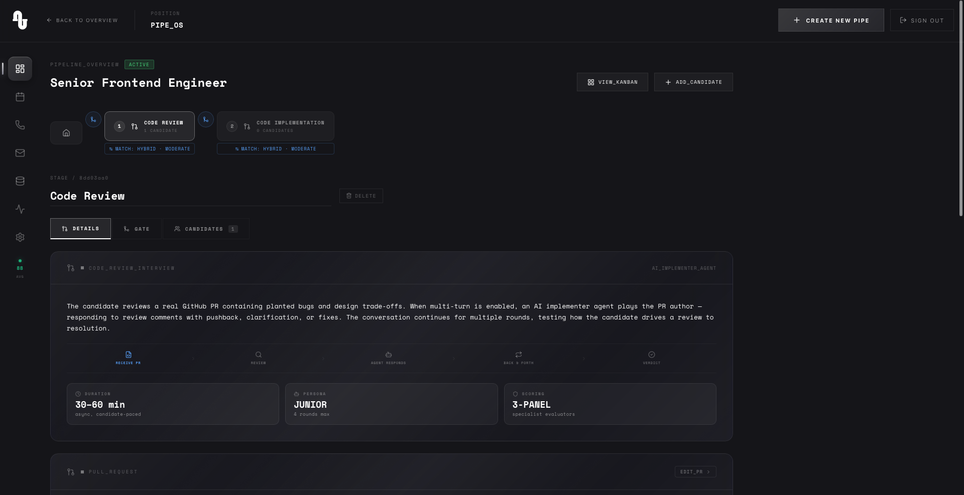 PIPE pipeline overview showing calibrated hiring standard for a Senior Frontend Engineer role