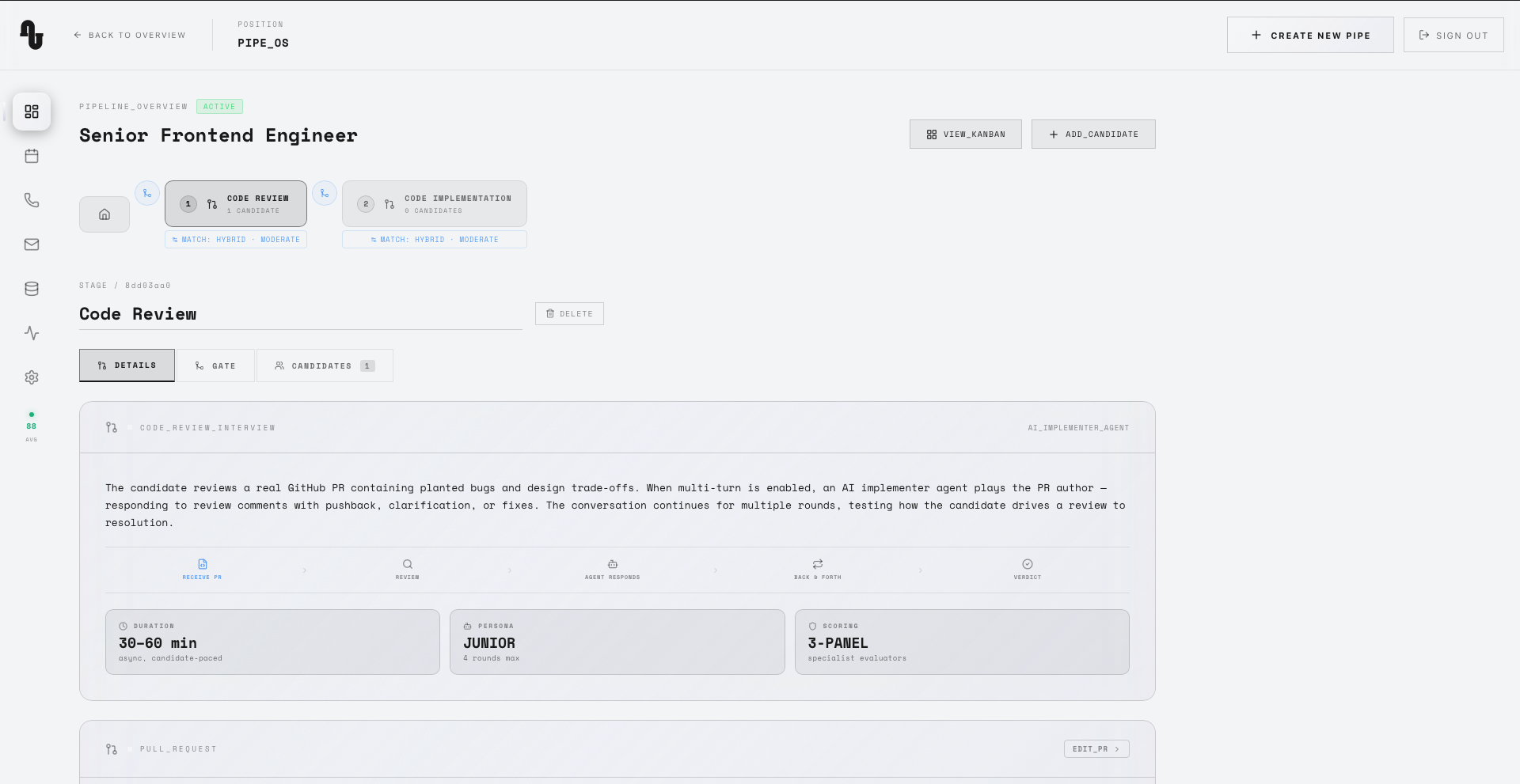 PIPE pipeline overview showing calibrated hiring standard for a Senior Frontend Engineer role